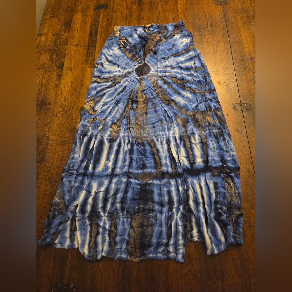Boho Blue Tie-Dye Maxi Skirt With Dual Front Slit Hippie Whimsigoth Sexy